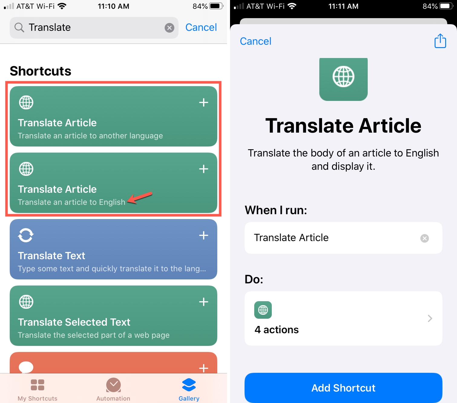 Shortcuts Gallery Translate Article