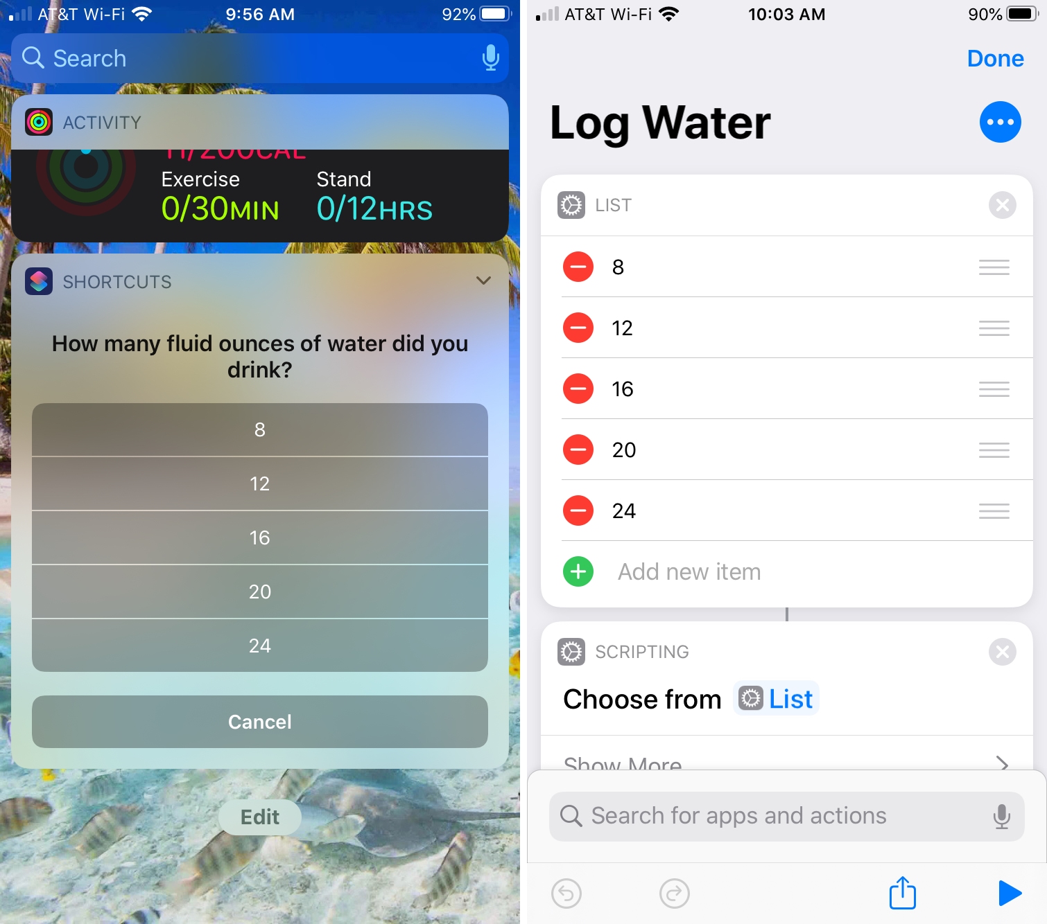 Shortcuts Widget Log Water iPhone