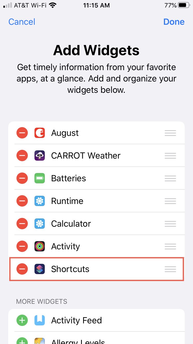 Shortcuts on Widget Screen iPhone
