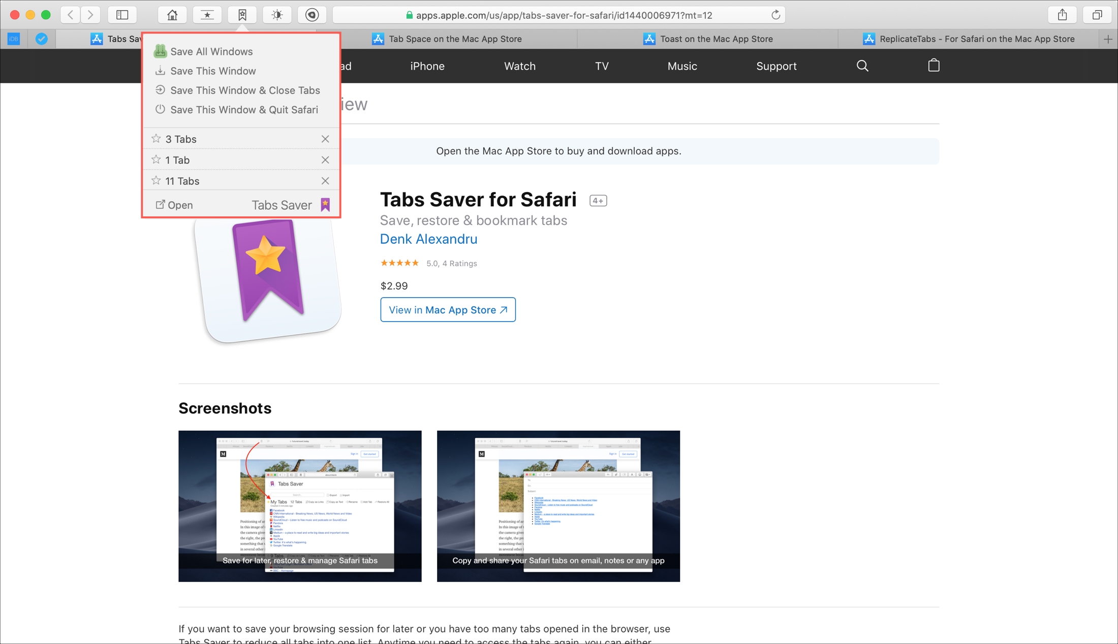 Tab Saver for Safari Mac options
