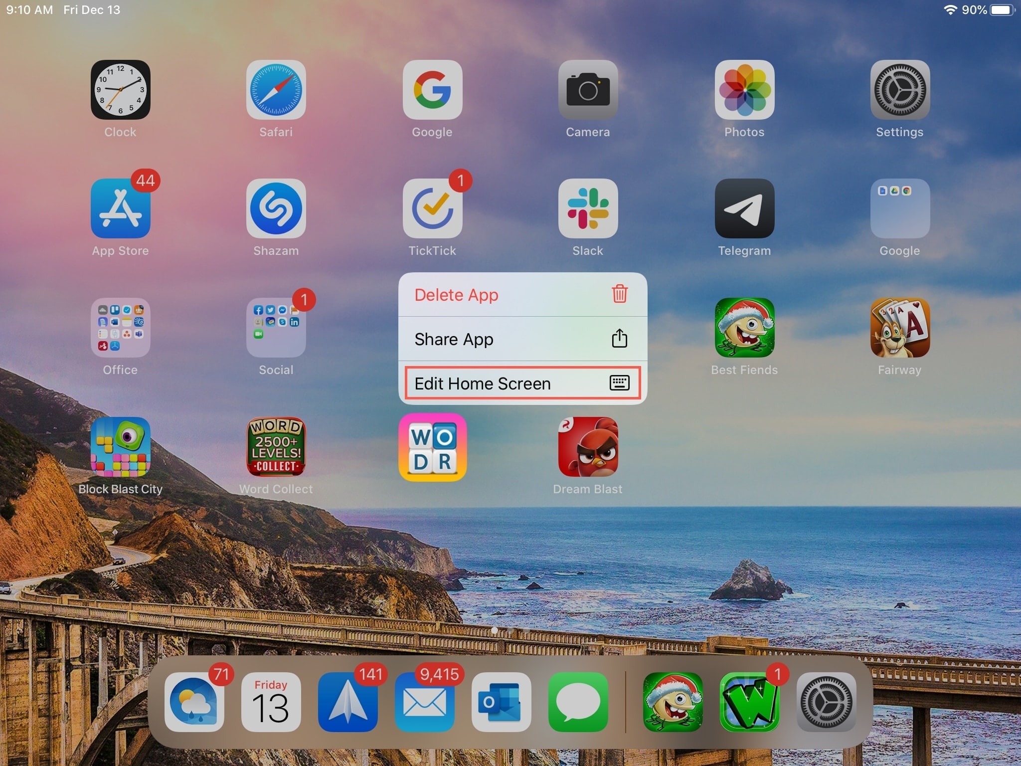 iPad Edit Home Screen Shortcut Menu