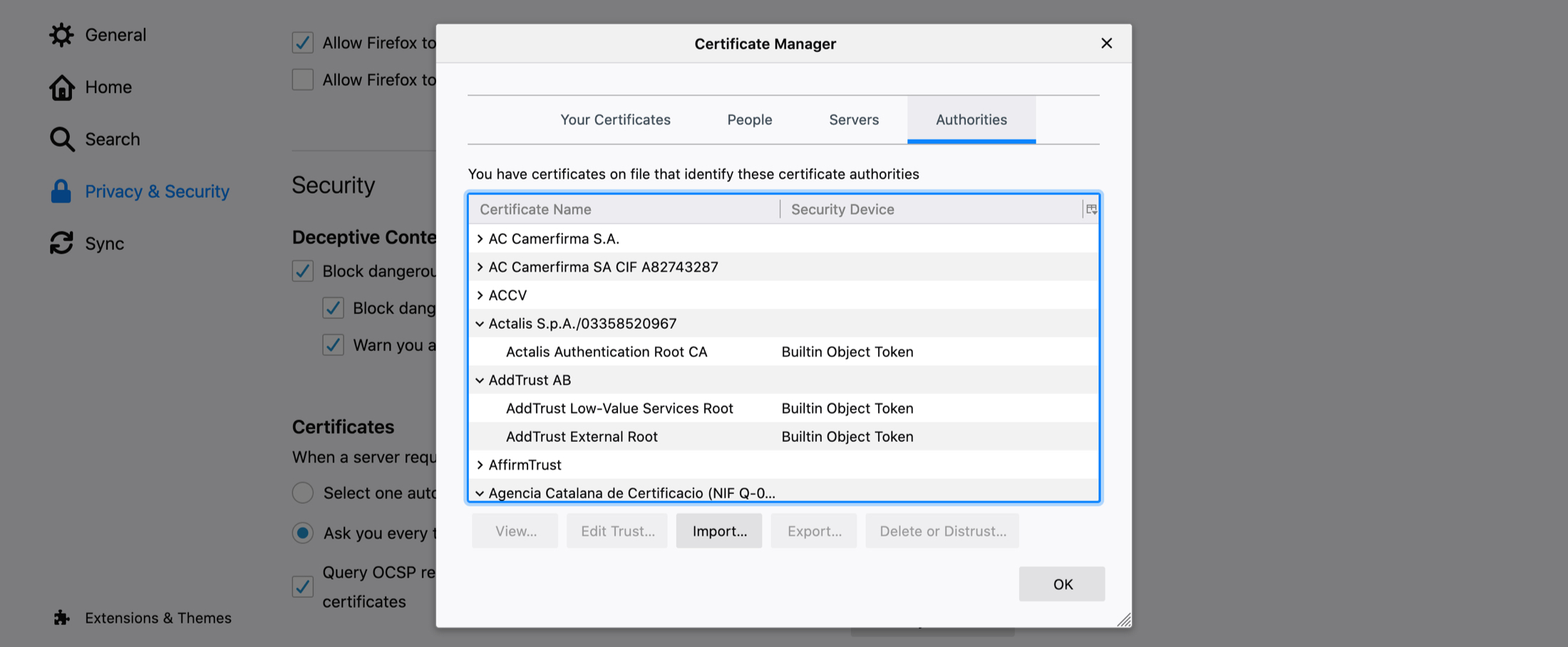 Firefox Certificate Manager