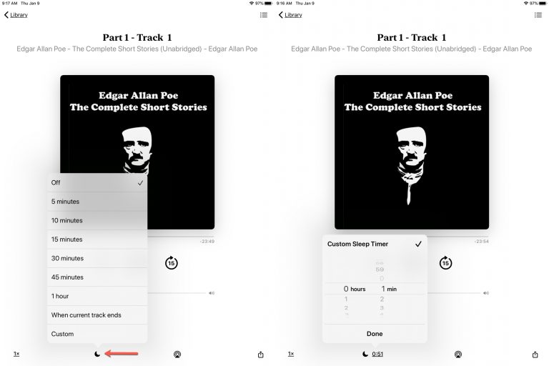 How to set a sleep timer for an audiobook in the Apple Books app