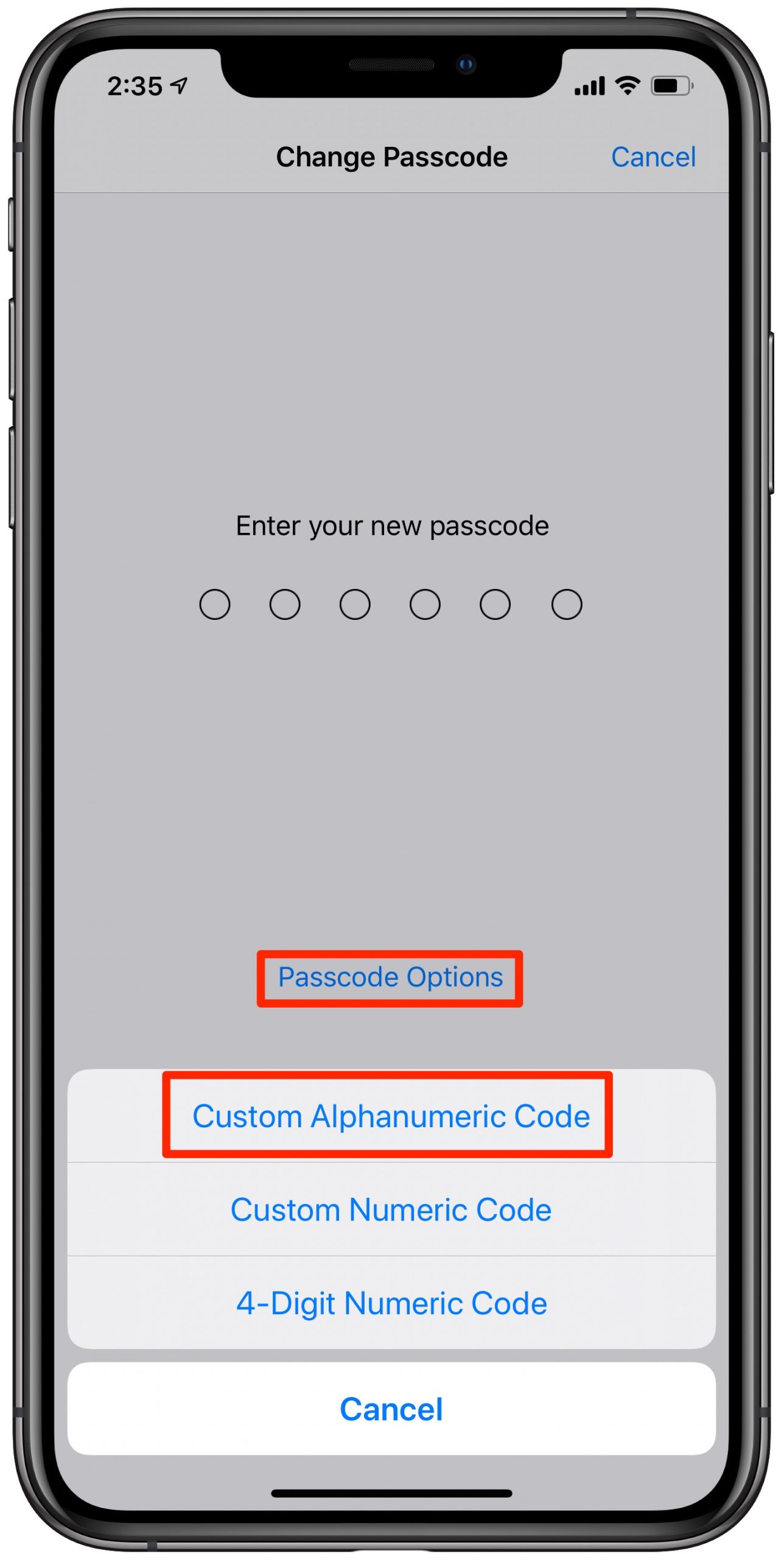 alphanumeric passcode iPhone