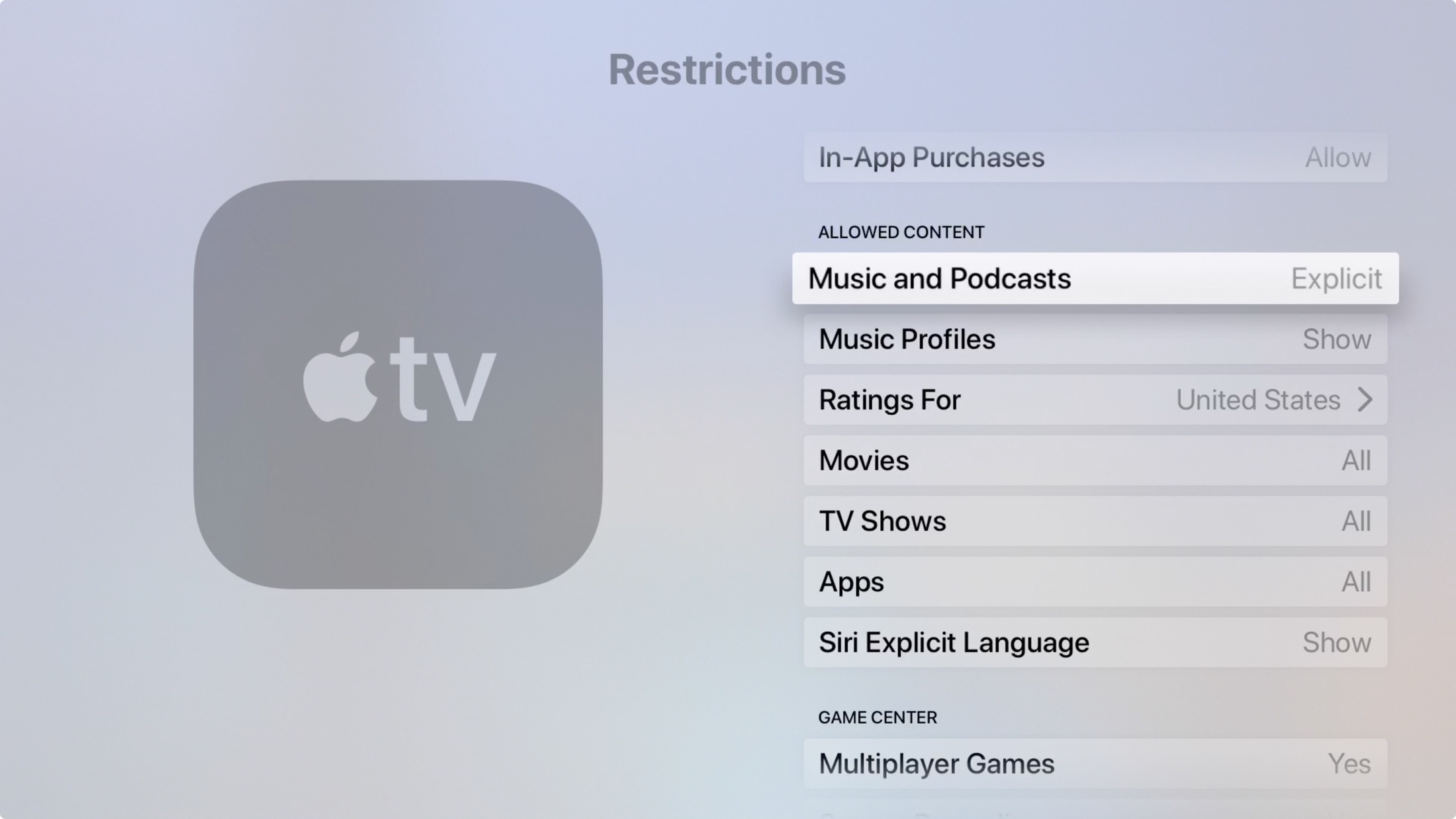 Apple TV Restrictions Allowed Content