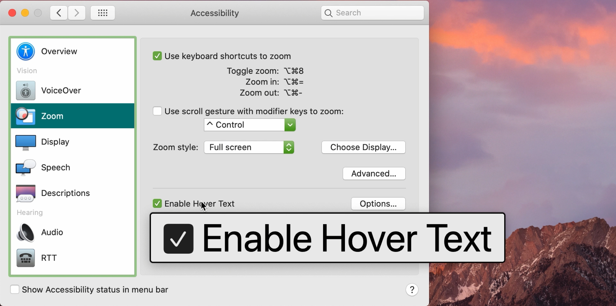 Mac Accessibility Enable Hover Text