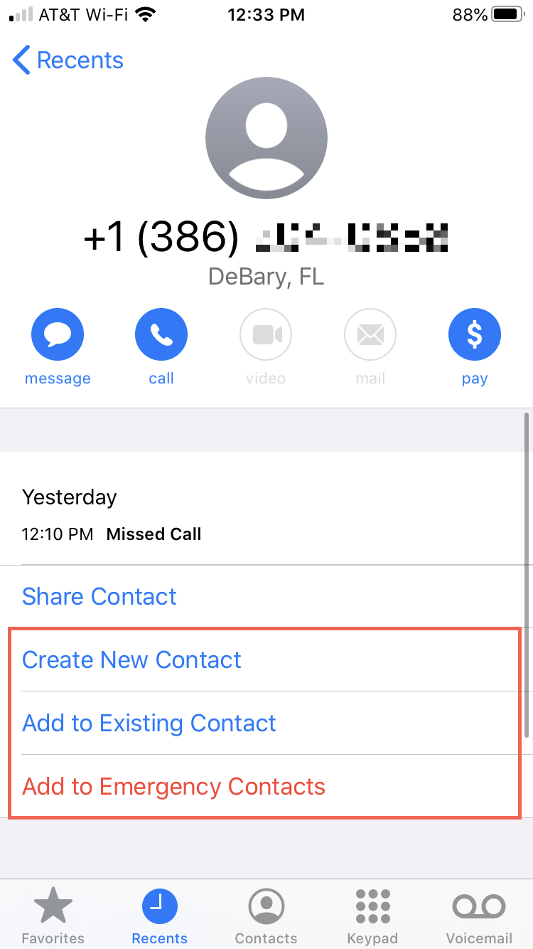 Phone app iPhone Save to Contacts