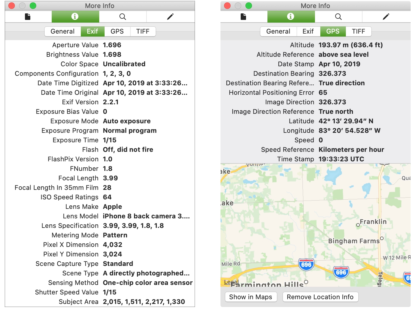 Photos EXIF and GPS data Mac