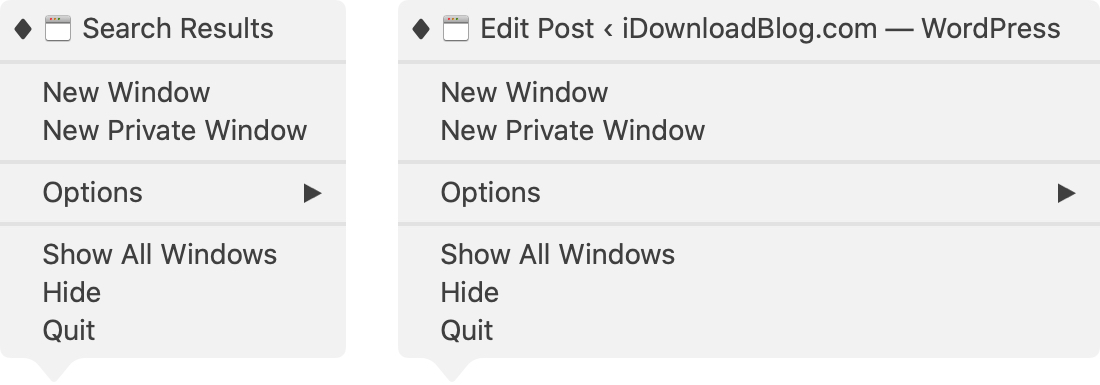 Safari and Firefox Dock Icon Shortcut Menu