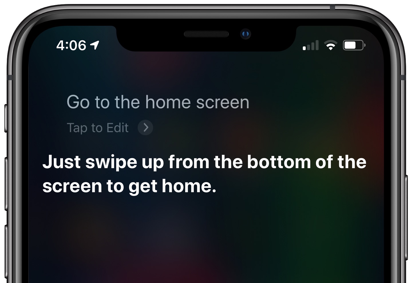 Siri saying 'Just swipe from the bottom of the screen to get home.'