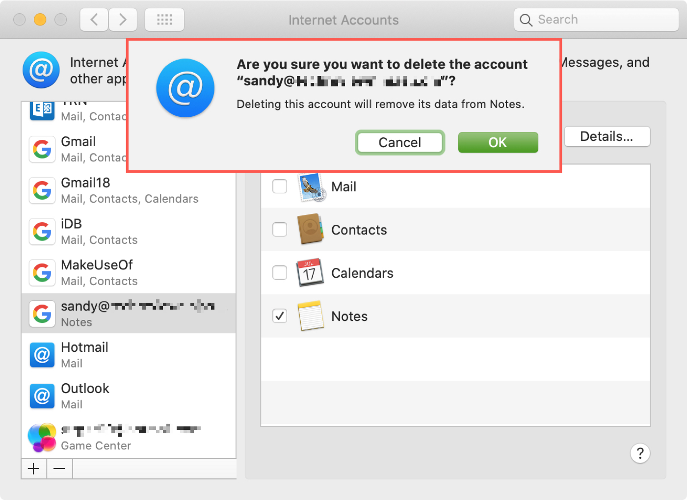 Delete Notes Internet Accounts Mac