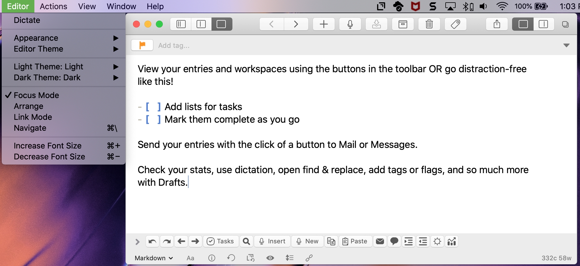 Drafts app on Mac for focused writing