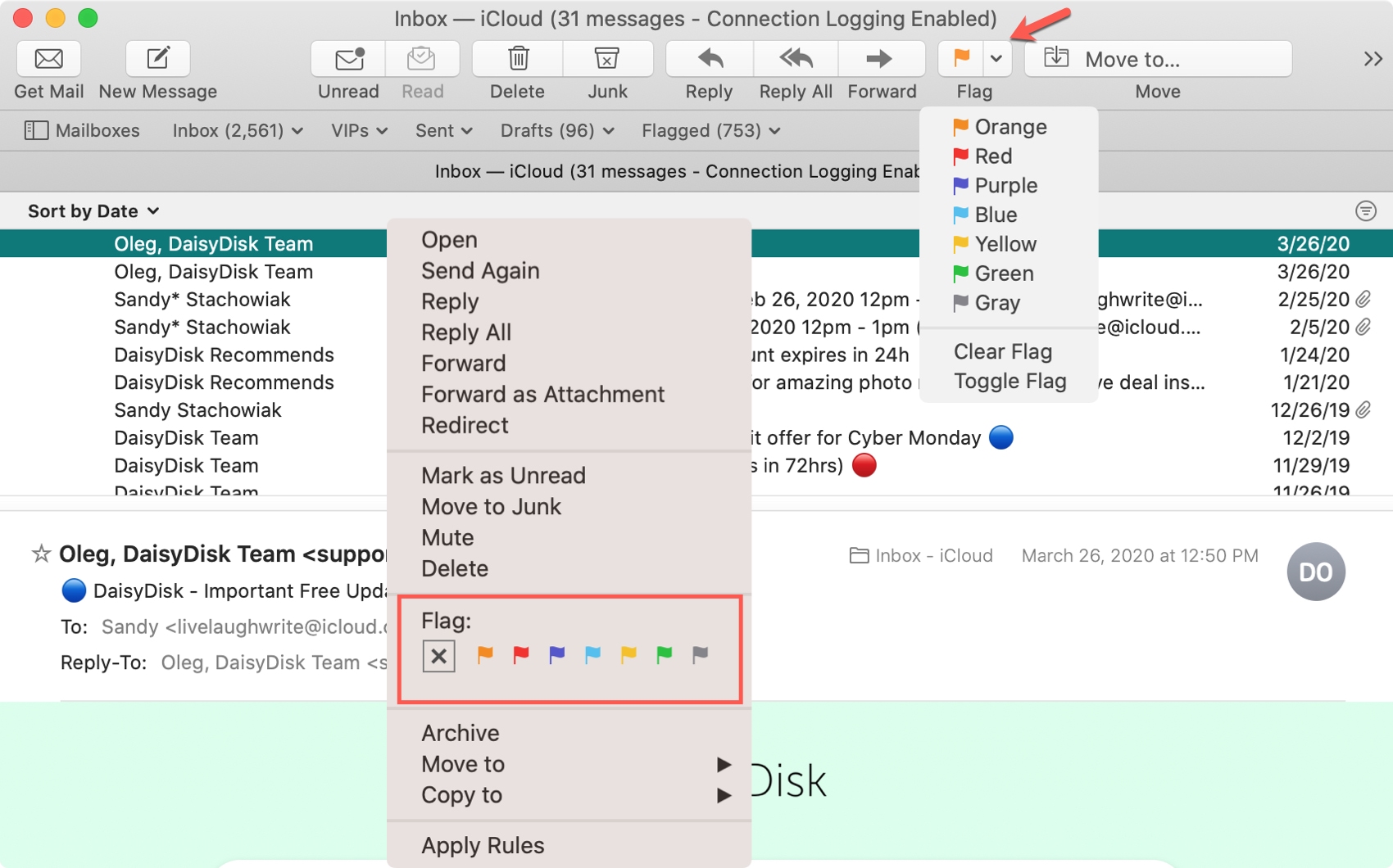 Flag Email Mac Toolbar and Shortcut