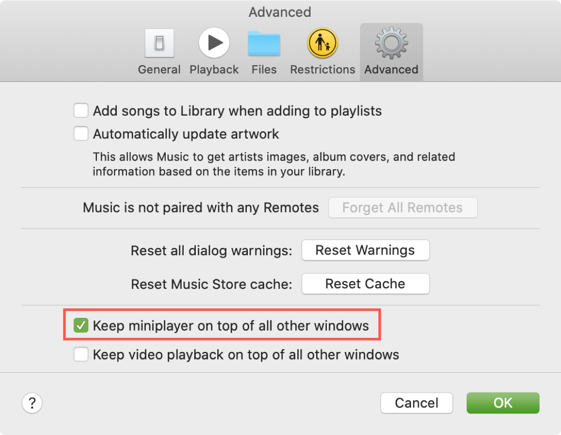 Keep miniplayer on top of all other windows