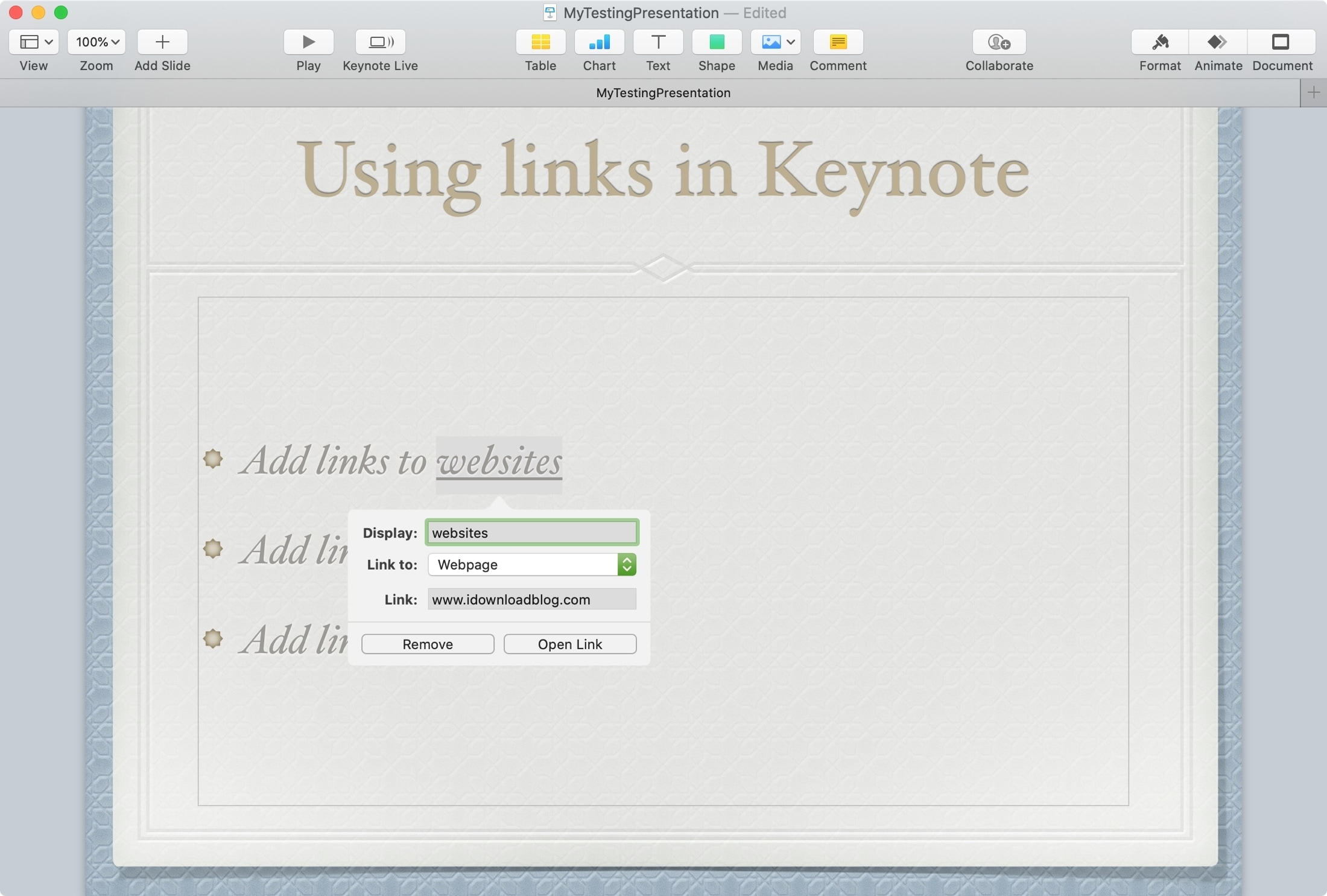 Keynote Mac Link to Webpage