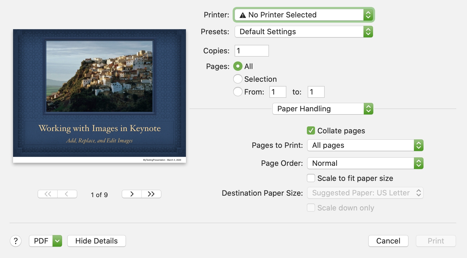 Keynote Print Paper Handling Mac
