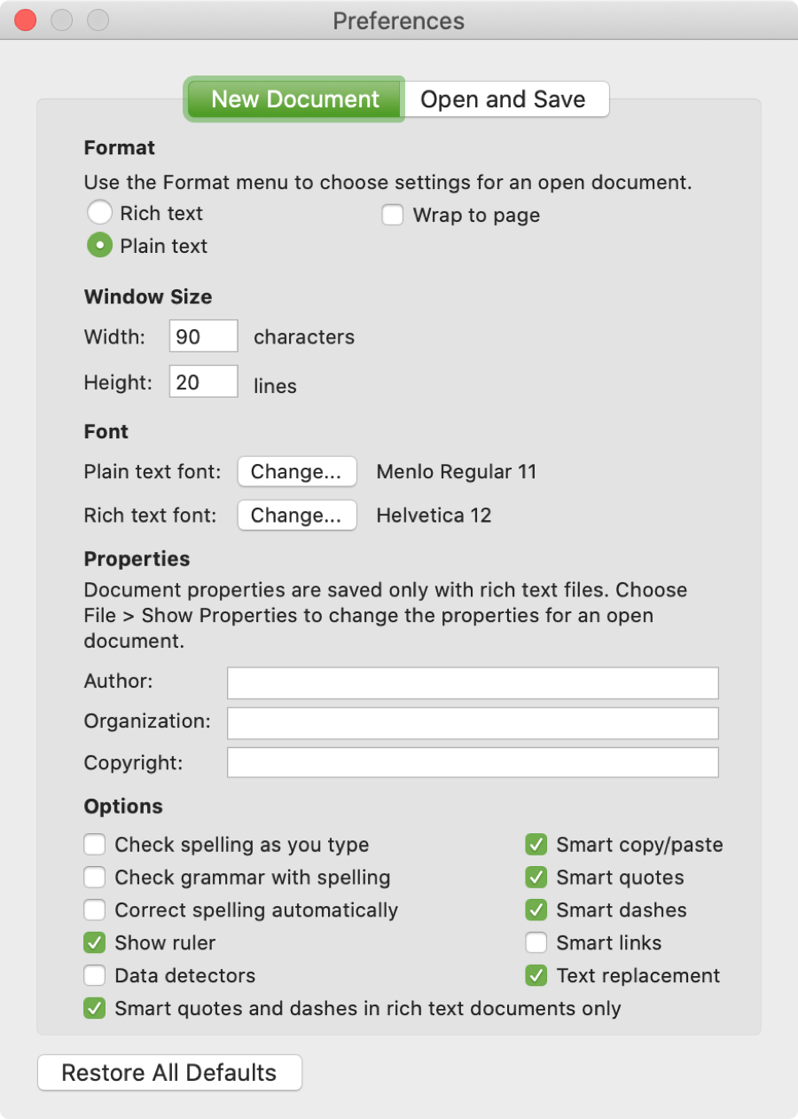 TextEdit Preferences New Document