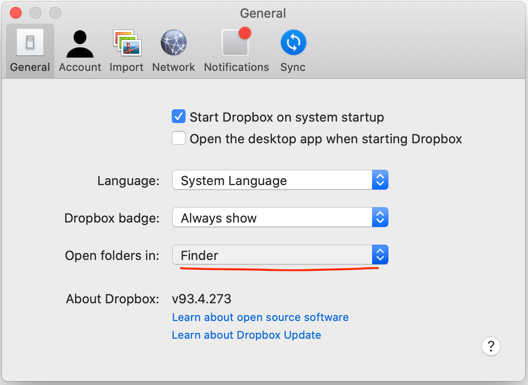 how to make Dropbox open folders in Finder