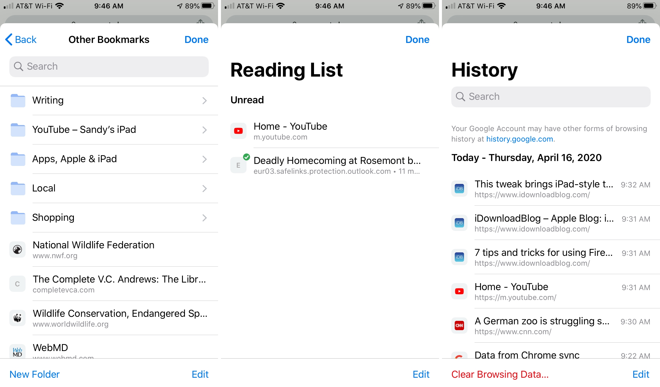 Chrome Bookmarks Reading History iPhone