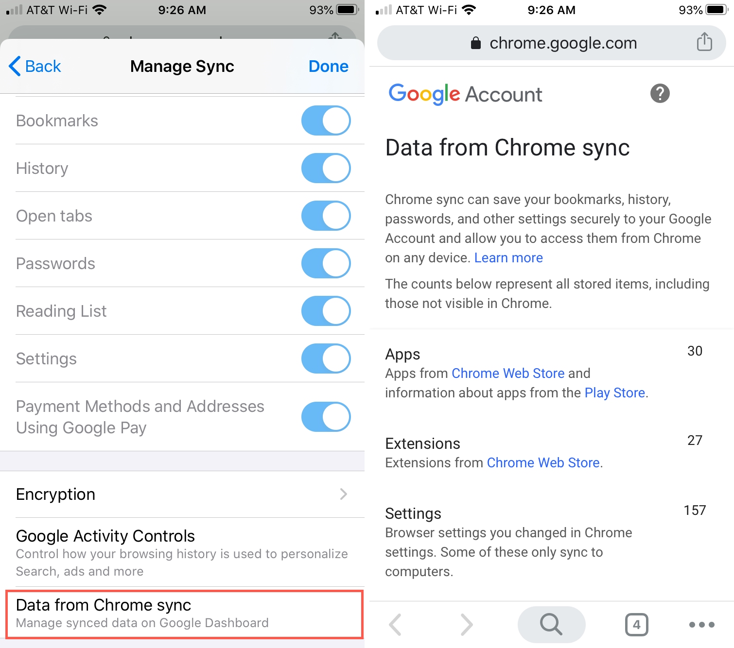 Chrome Manage Sync Dashboard iPhone