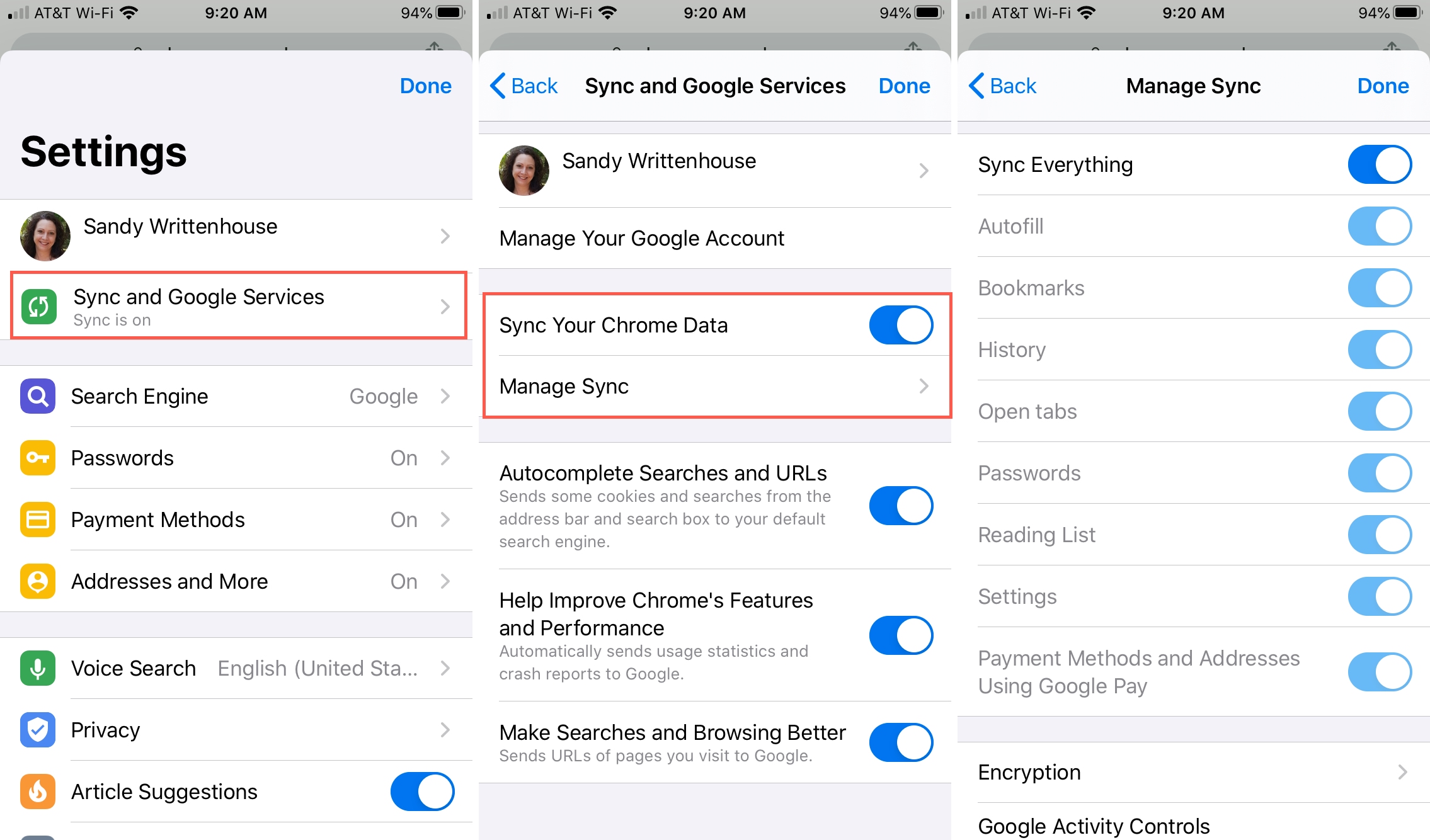 Chrome Manage Sync iPhone