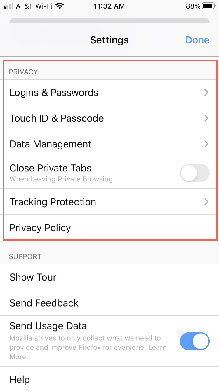Firefox Privacy Settings iPhone