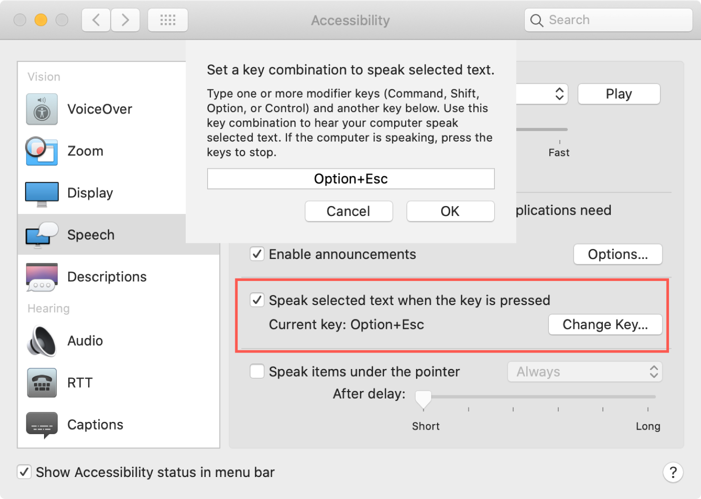 Mac Speak Selected Text Key Combo