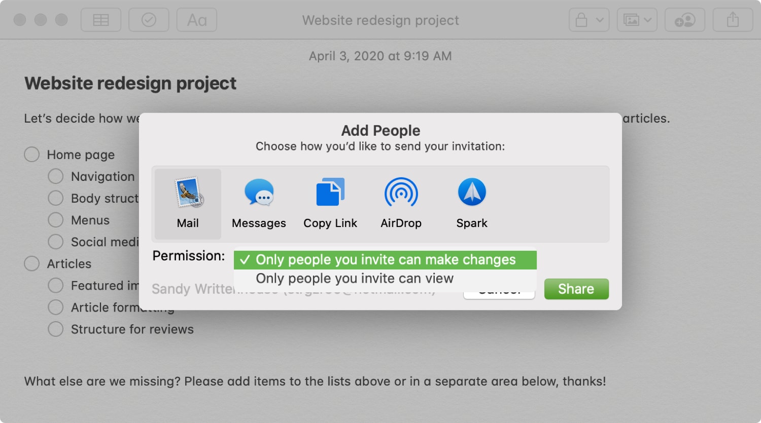 Notes Add People Allow Changes Mac