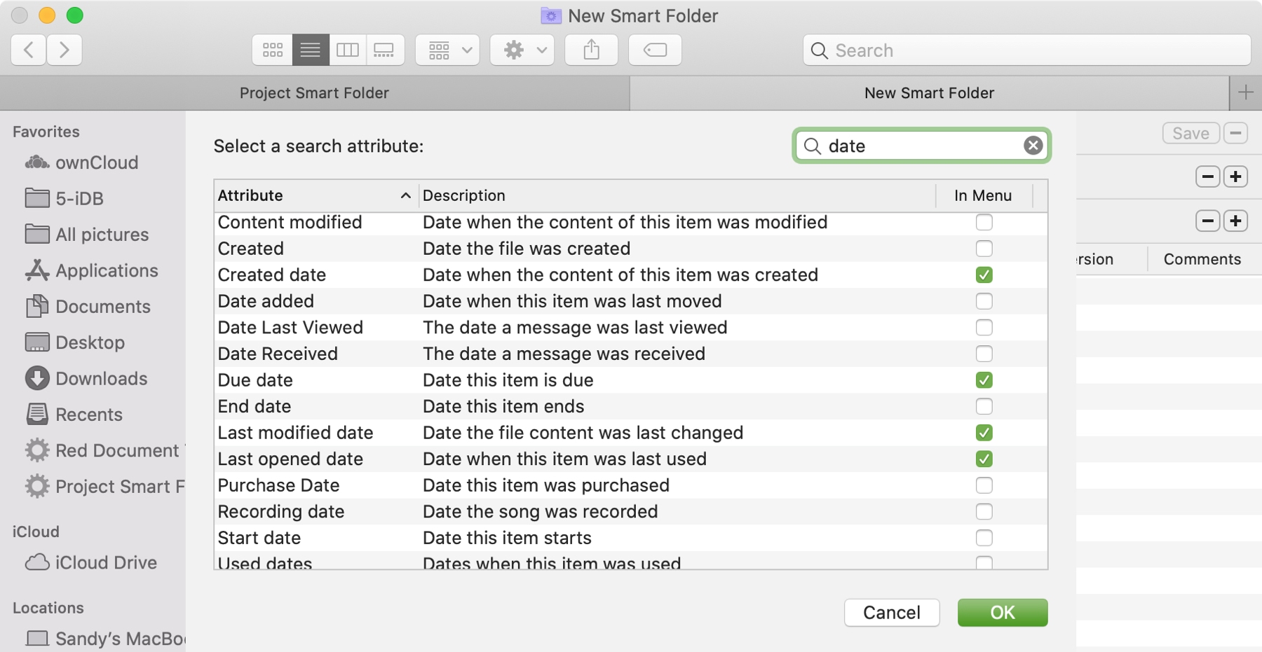 Smart Folders Date Attribute List