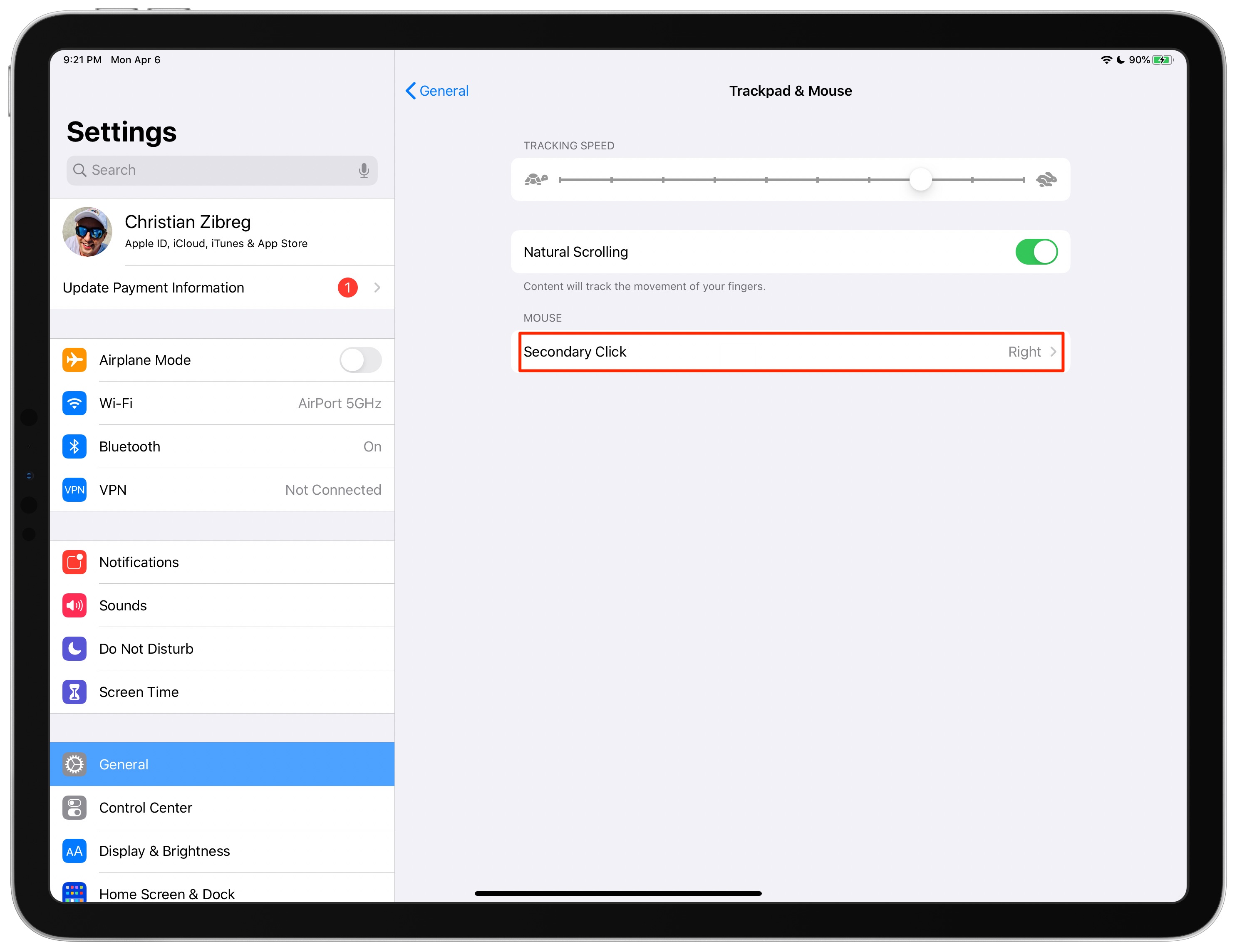 iPad mouse gestures - secondary click settings