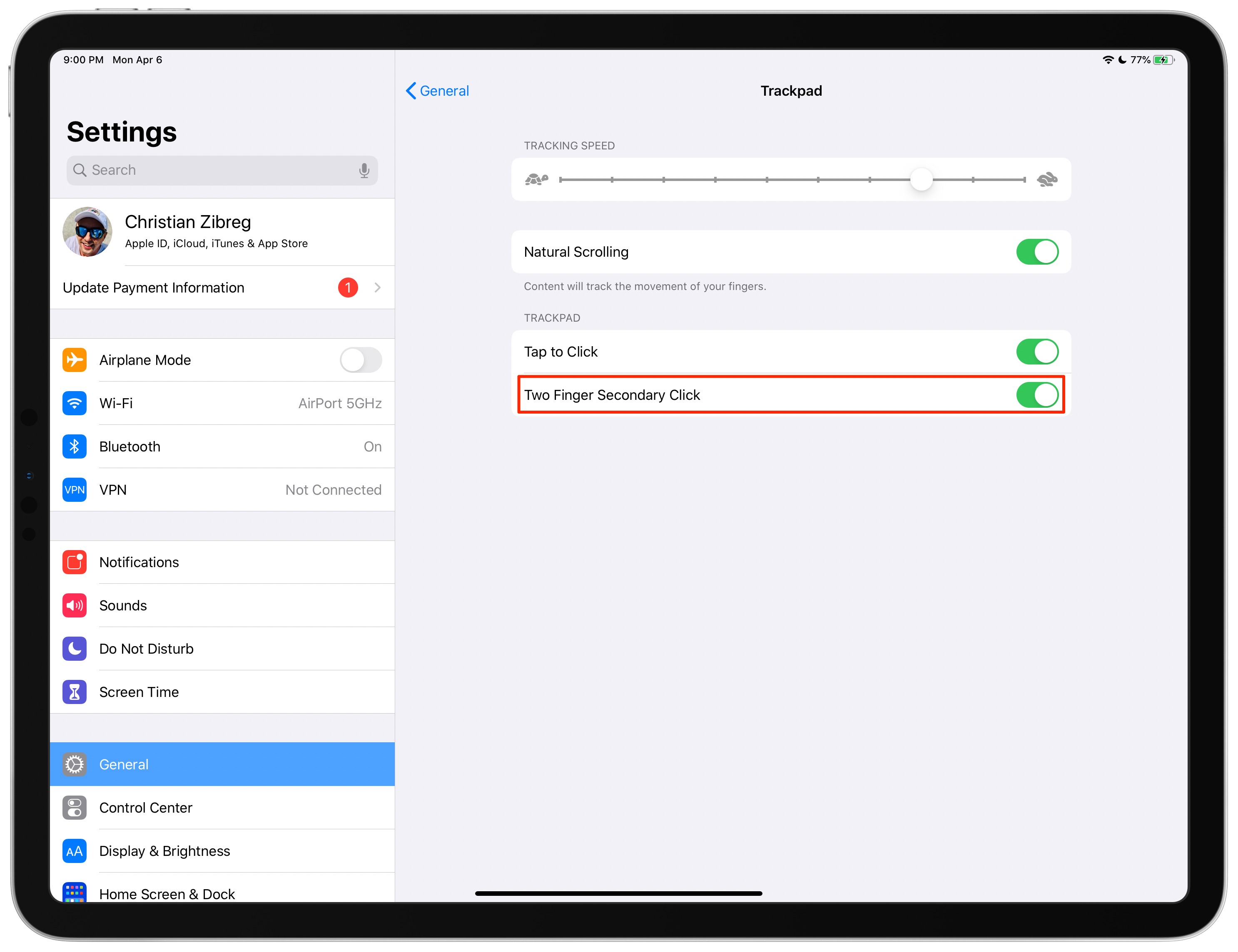 iPad trackpad gestures - two finger secondary click settings