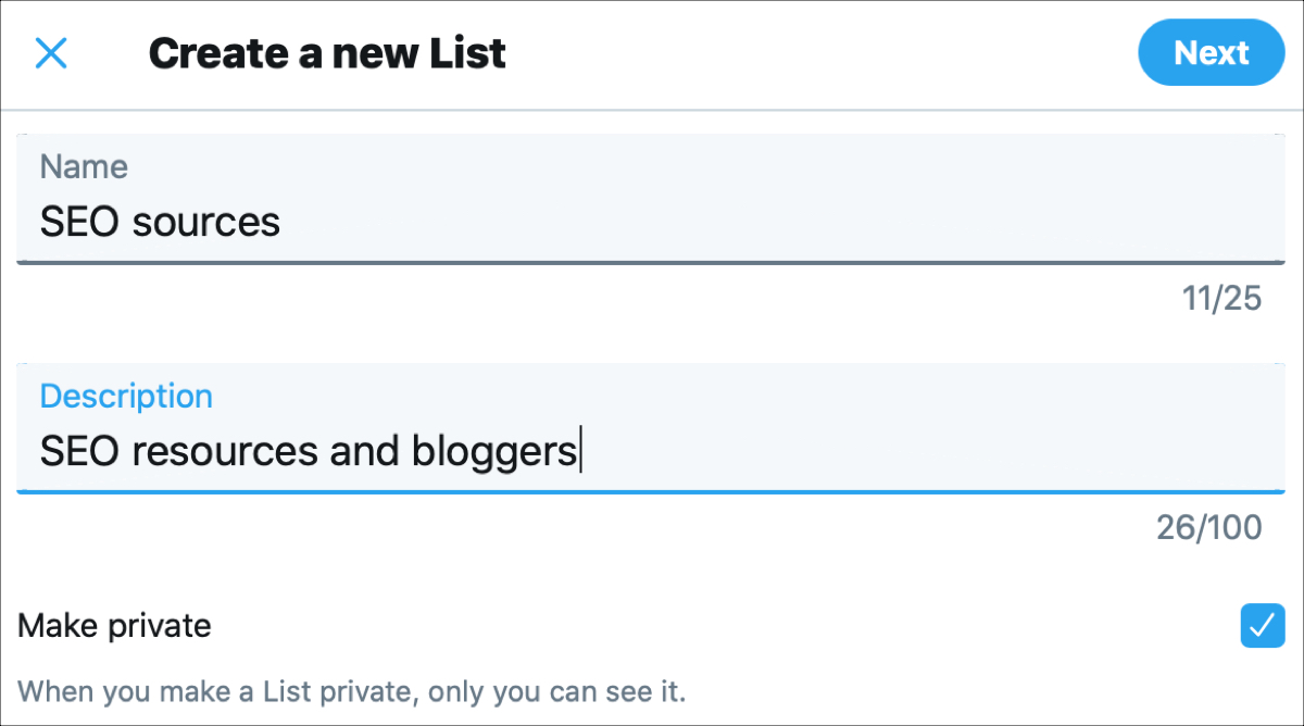 Create Twitter List on the web