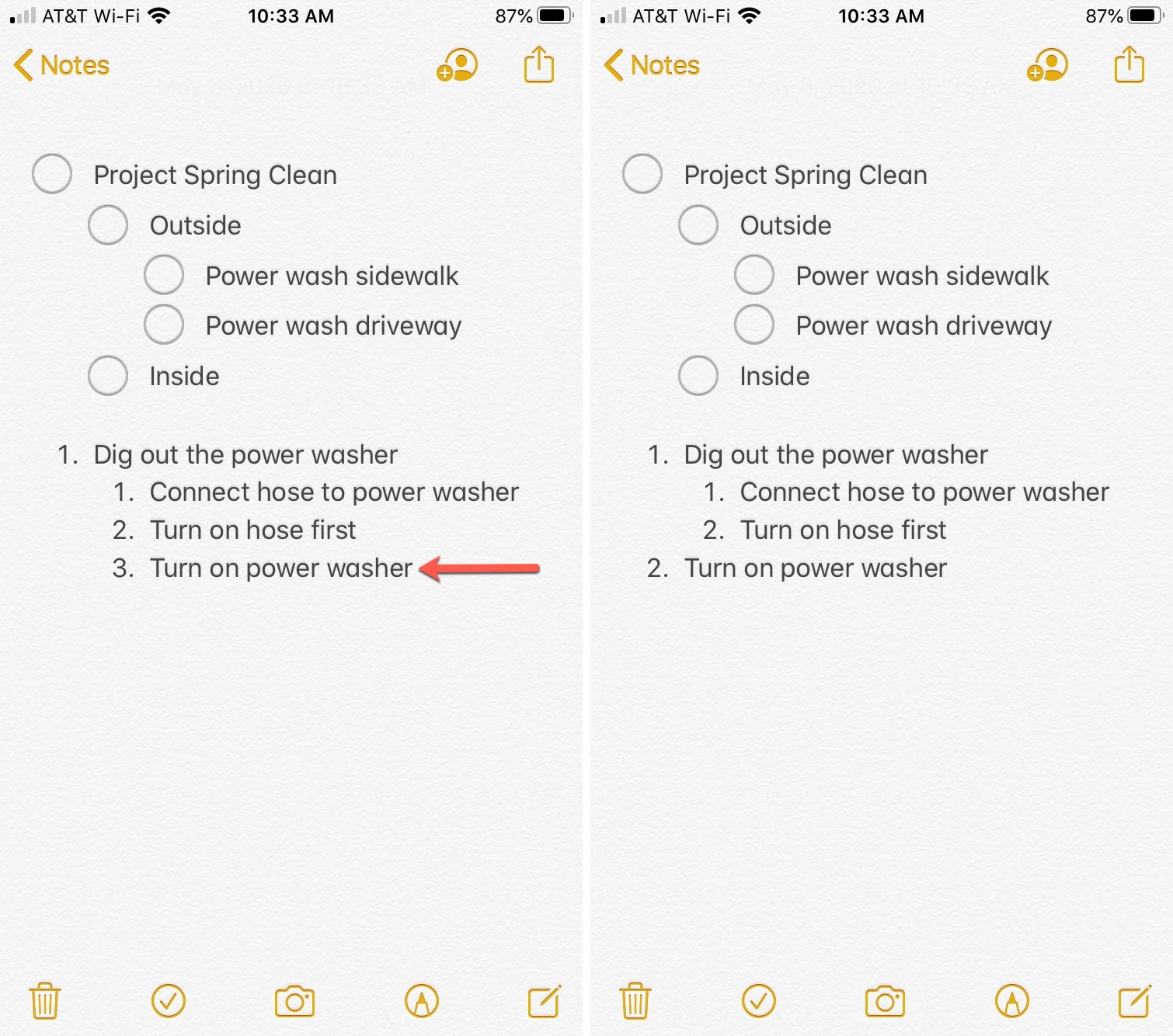 Notes Swipe to Outdent iPhone