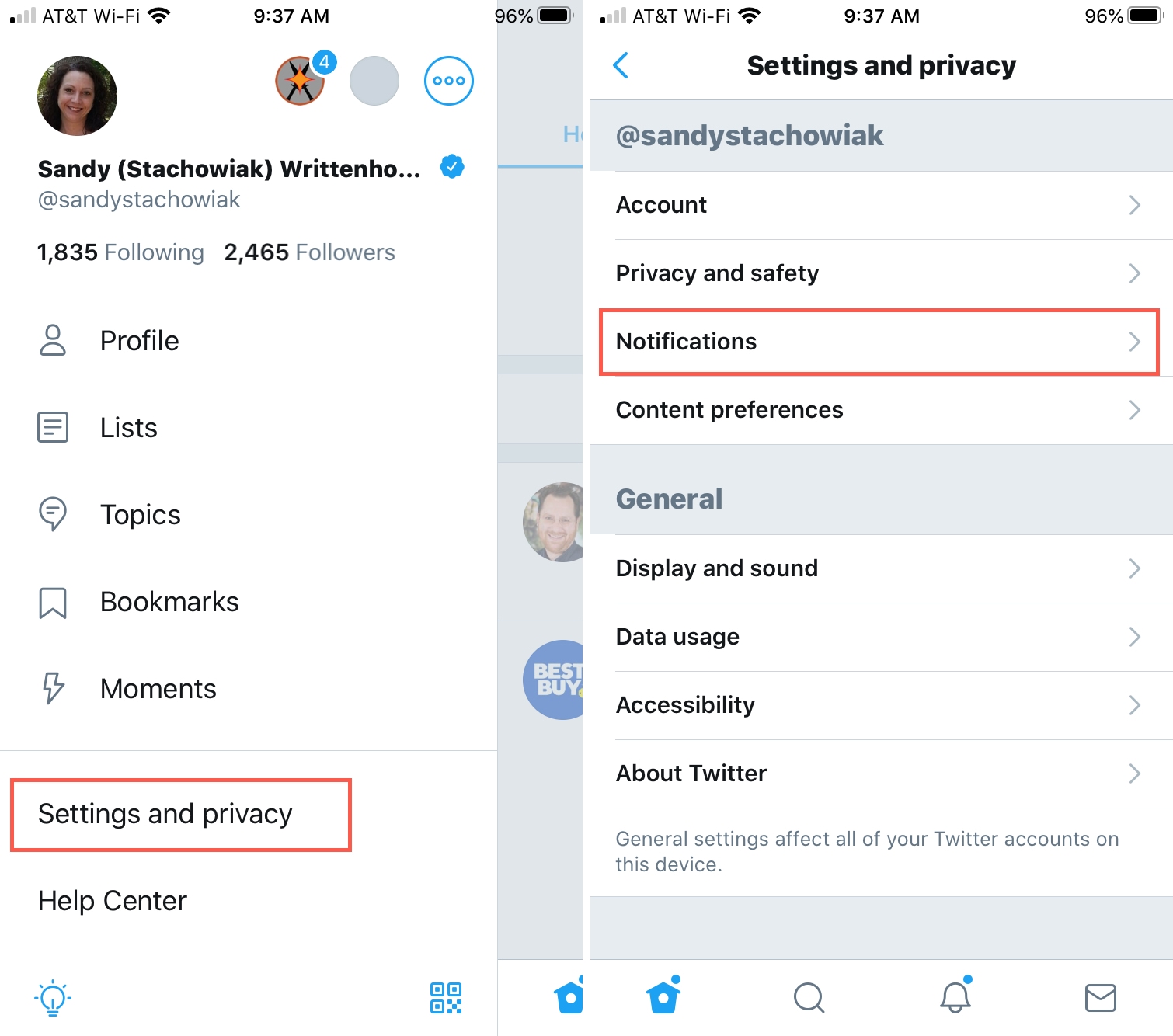 Twitter Settings and Privacy Notifications iPhone