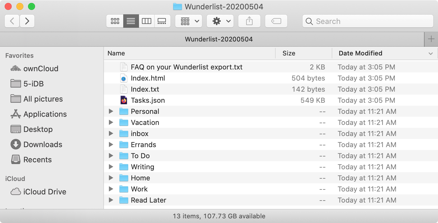 Wunderlist Export Folder