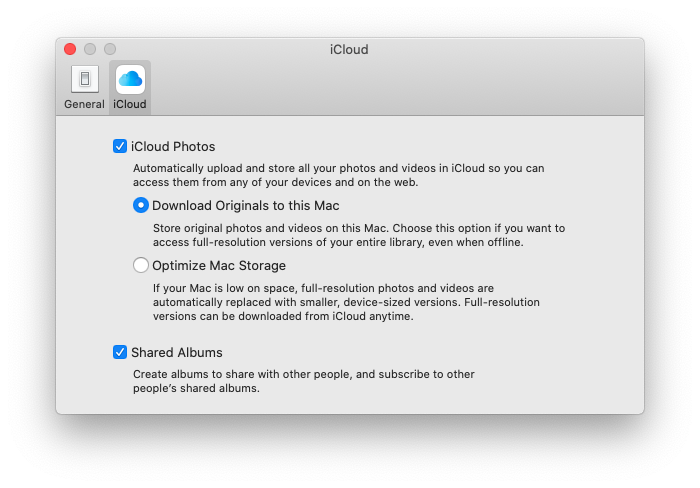 macOS Photos App iCloud Preferences Panel