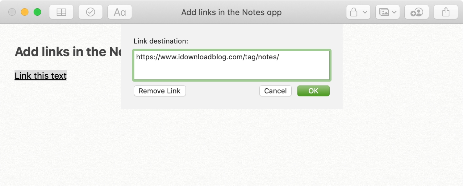 Add Link to Text in Notes Mac