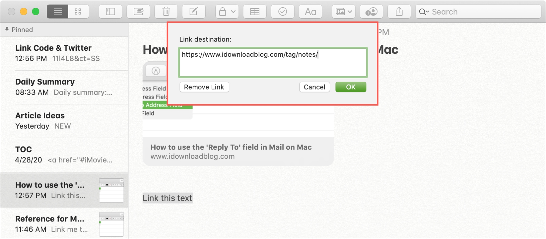 Add Text Link in Notes Mac