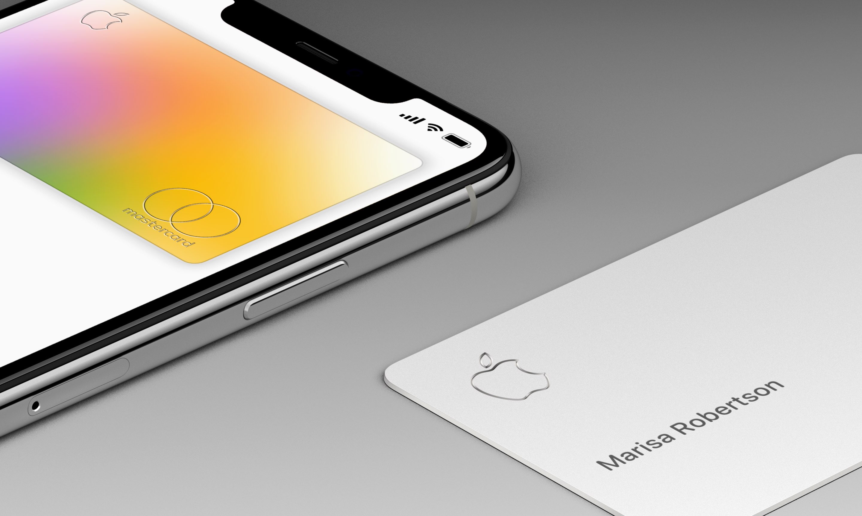 Marketing image showcasing an Apple Card and an iPhone set against a dark gradient background