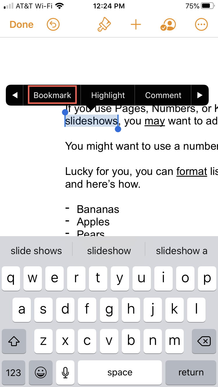 Pages Create Bookmark iPhone