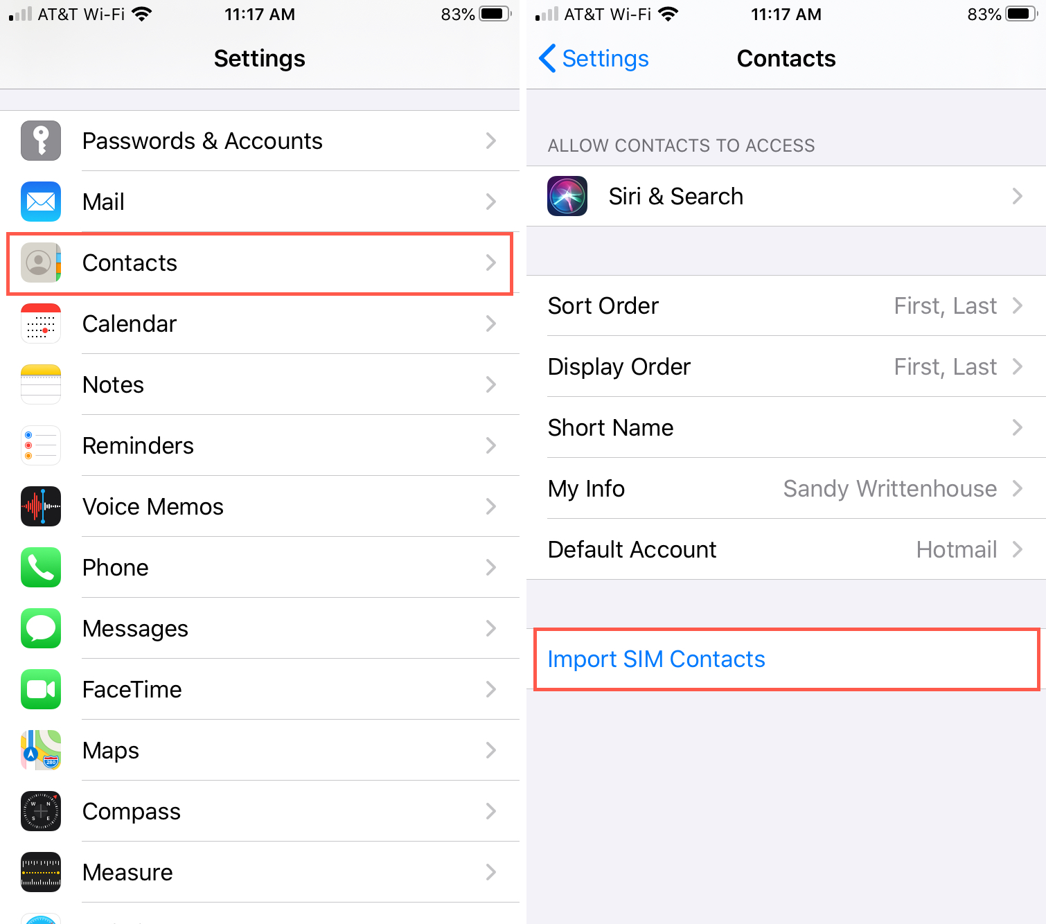 Settings Contacts Import SIM Card iPhone
