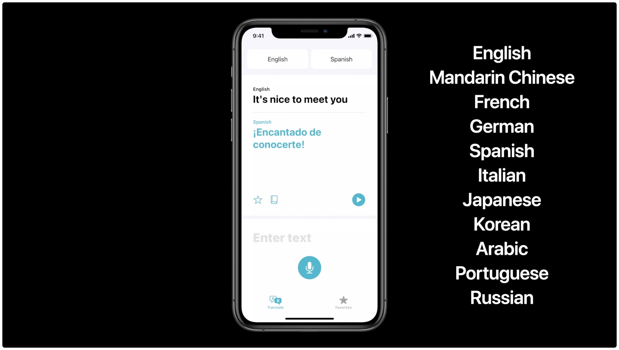 Translate iPhone - A WWDC 2020 slide showing supported languages in the Translate app 