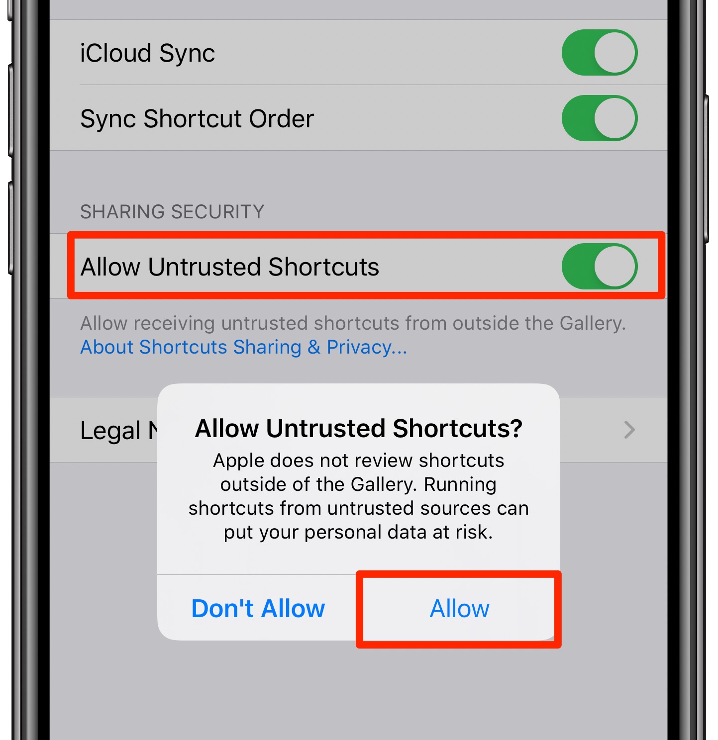 changer automatiquement le fond d'écran de l'iPhone - autoriser les raccourcis non fiables