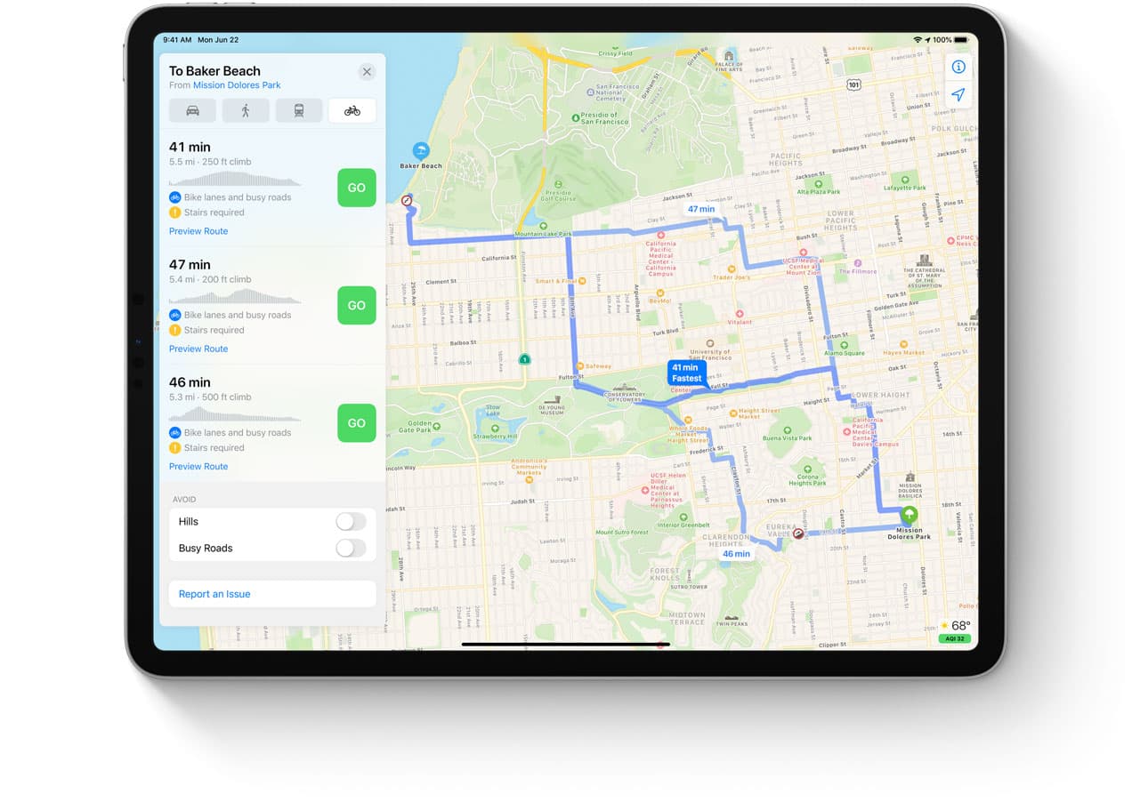 Apple Maps cycling directions - iPad screenshot