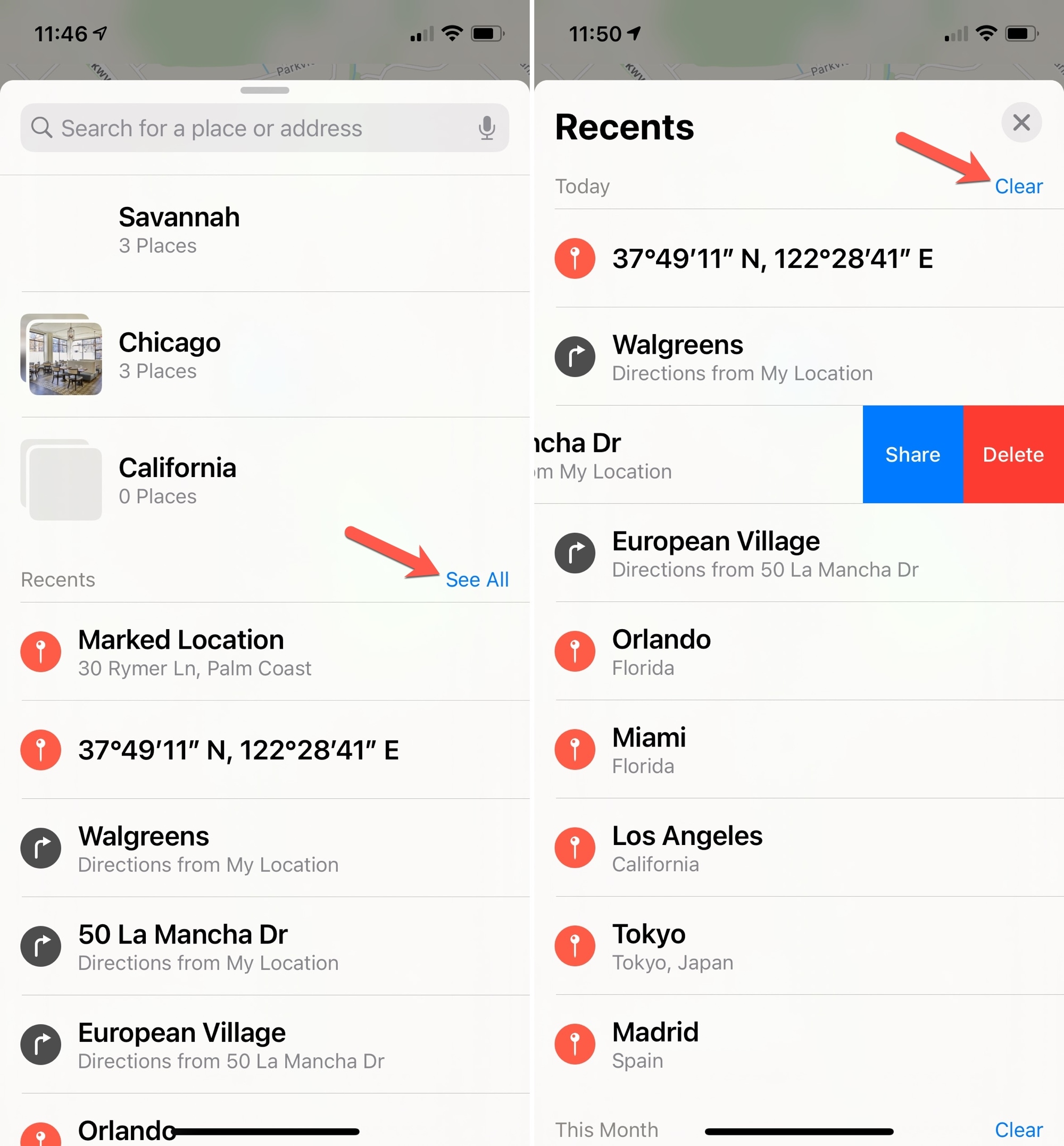 Maps Clear Recents on iPhone