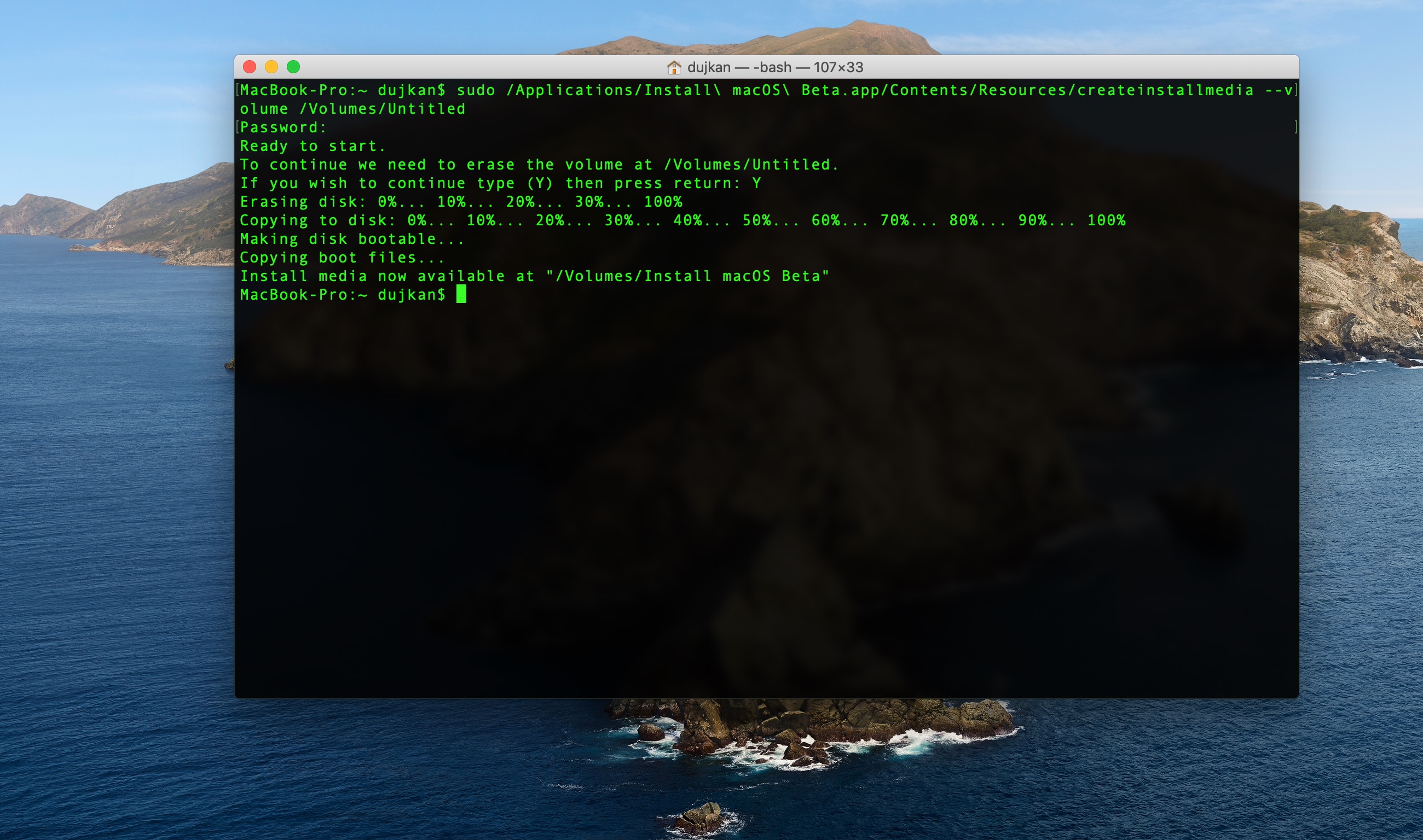 macOS Big Sur beta bootable installer - Terminal operation complete