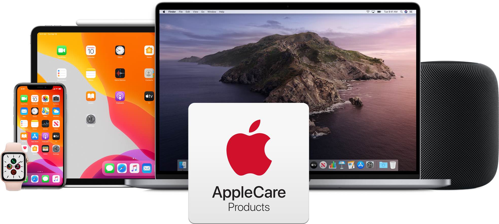 AppleCare marketing image showcasing some of the eligible devices like iPhone, iPad, MacBook and HomePod