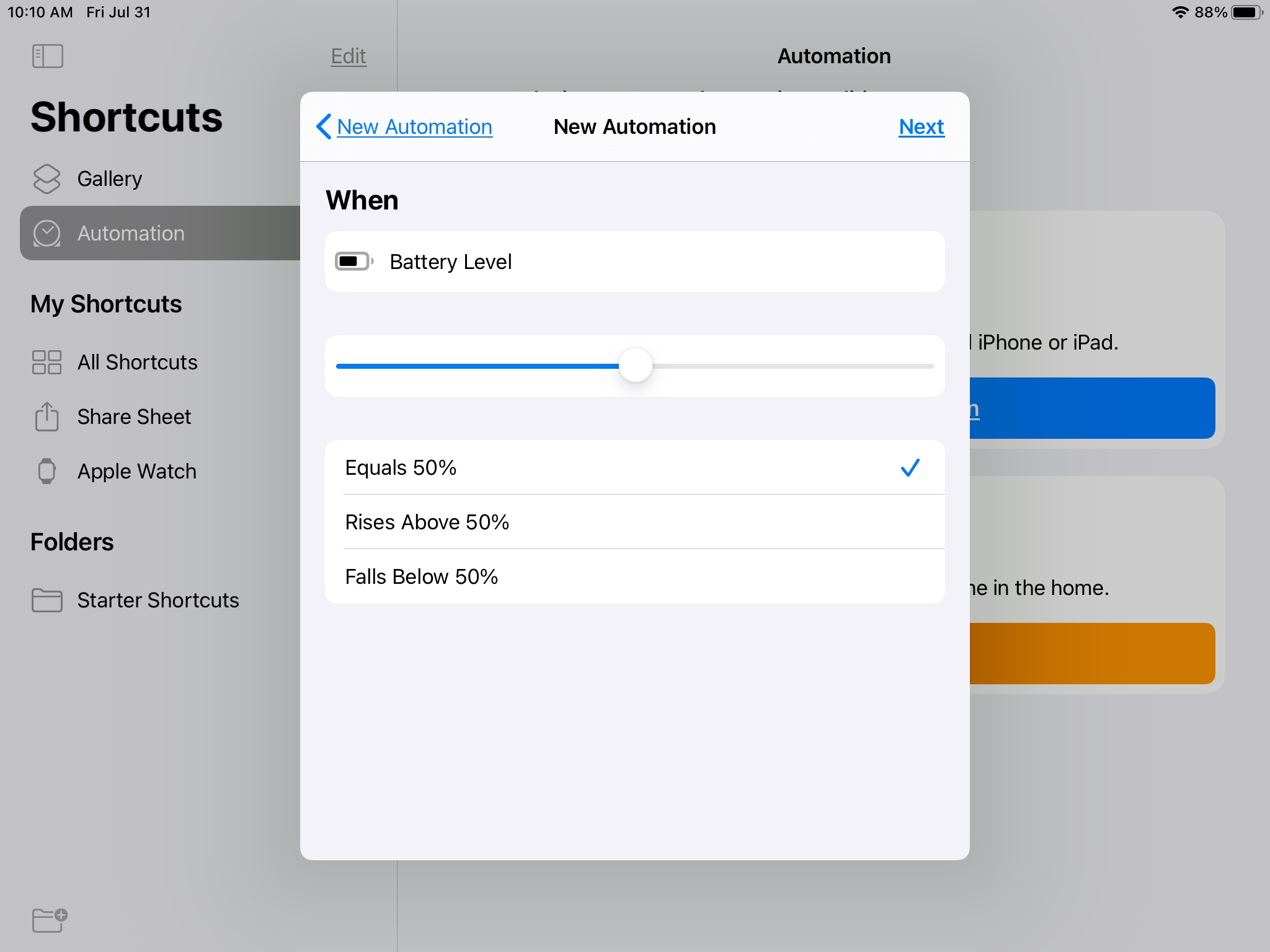 Battery Level Automation Shortcuts iPad