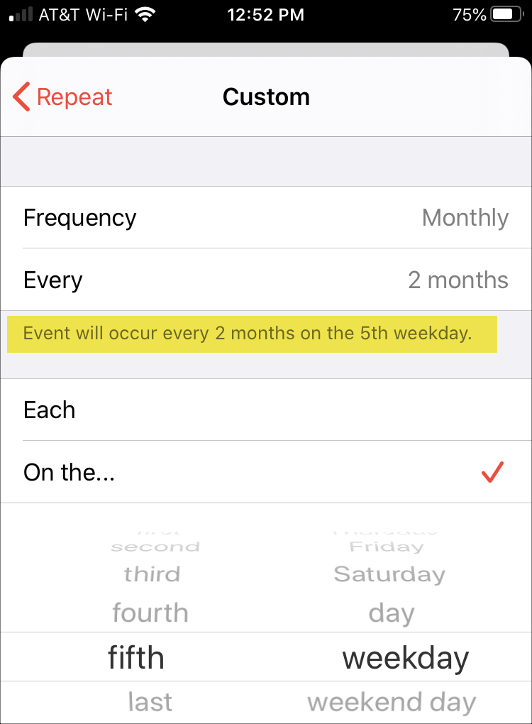 Confirm Custom Repeating Event Calendar iPhone