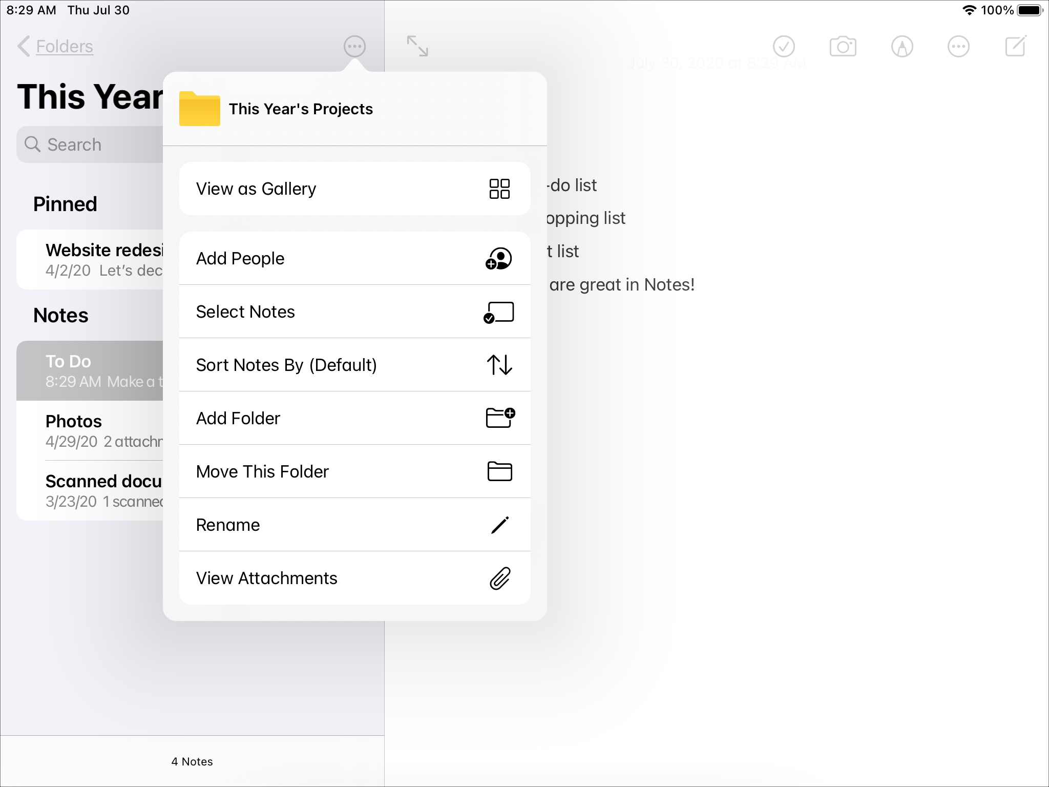 Folder actions menu iPad